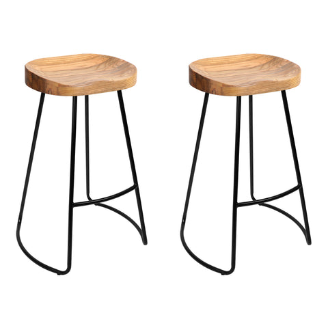 Artiss Set of 2 Elm Wood Backless Bar Stools 65cm - Black and Light Natural