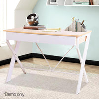 Artiss Metal Desk with Drawer - White with Oak Top