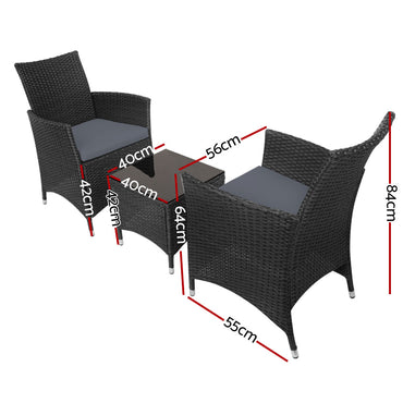 Gardeon 3pc Rattan Bistro Wicker Outdoor Furniture Set Black