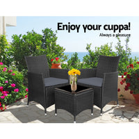 Gardeon 3pc Rattan Bistro Wicker Outdoor Furniture Set Black