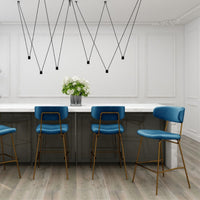 Kylie Modern Sapphire Blue Velvet Barstool with Gold Legs Set of 2