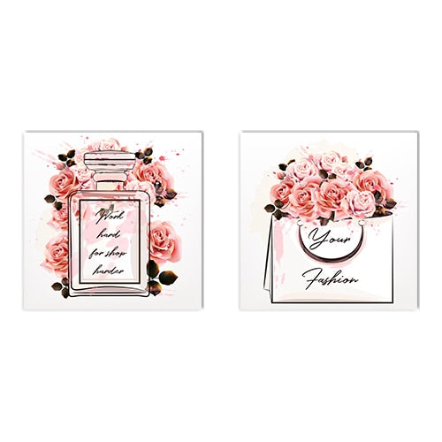 Allenjoy Watercolor Wall Pictrues Rose Perfume Bottle Motivational Quotes Canvas Paitntings Fashion Girls Bedroom Decor Posters