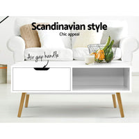 Artiss Coffee Table Storage Drawer Open Shelf Wooden Legs Scandinavian White