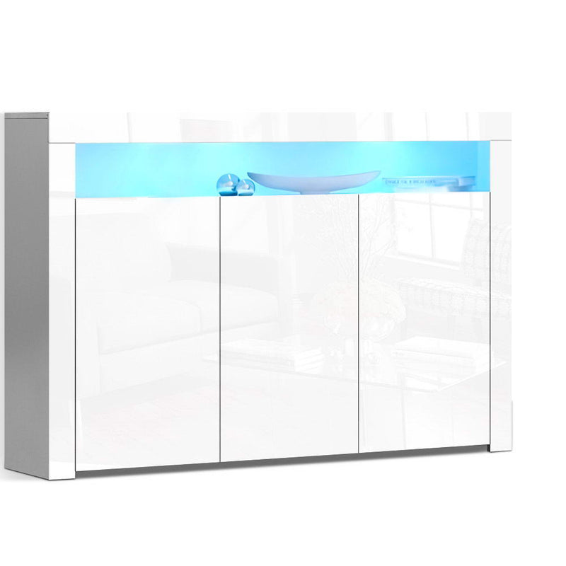 Artiss Buffet Sideboard Cabinet Storage LED High Gloss Cupboard 3 Doors White