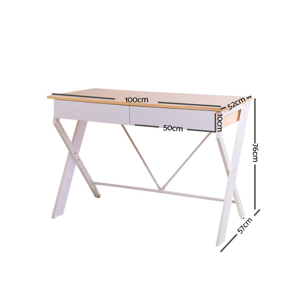 Artiss Metal Desk with Drawer - White with Oak Top