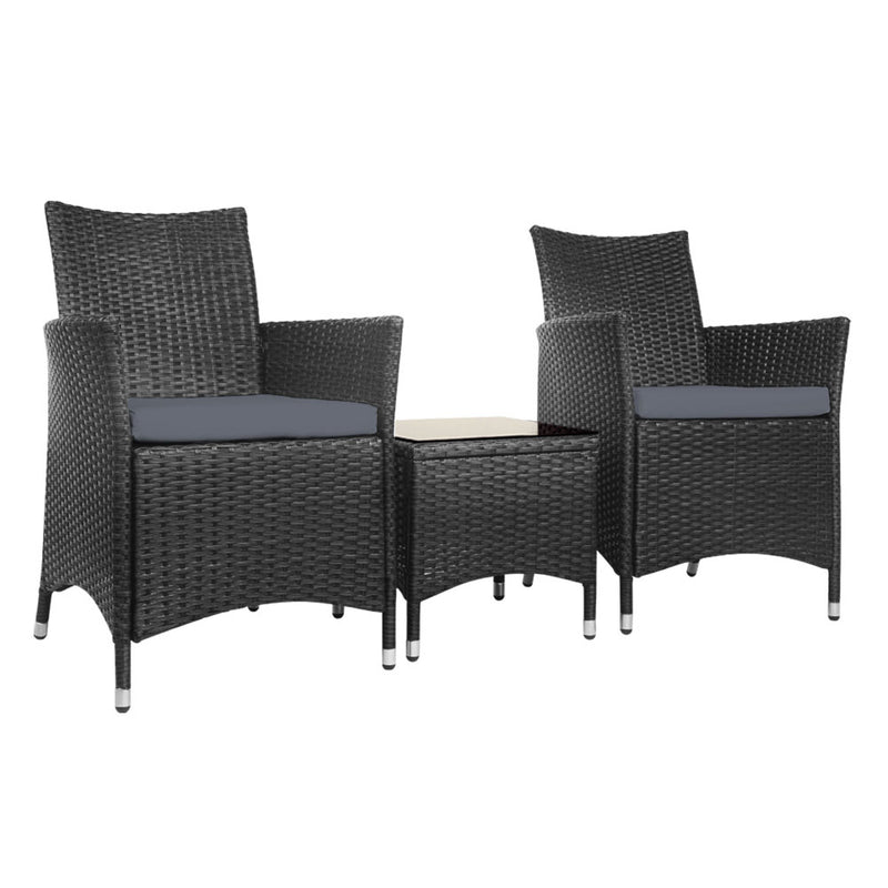 Gardeon 3pc Rattan Bistro Wicker Outdoor Furniture Set Black
