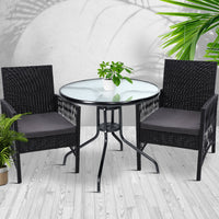 Gardeon Outdoor Furniture Dining Chairs Rattan Garden Patio Cushion Black 3PCS Tea Coffee Cafe Bar Set