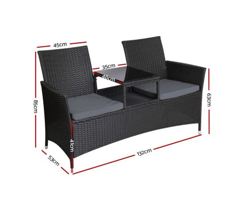 Gardeon Outdoor Furniture Chair Bench Sofa Table 2 Seat Cushions Wicker Black