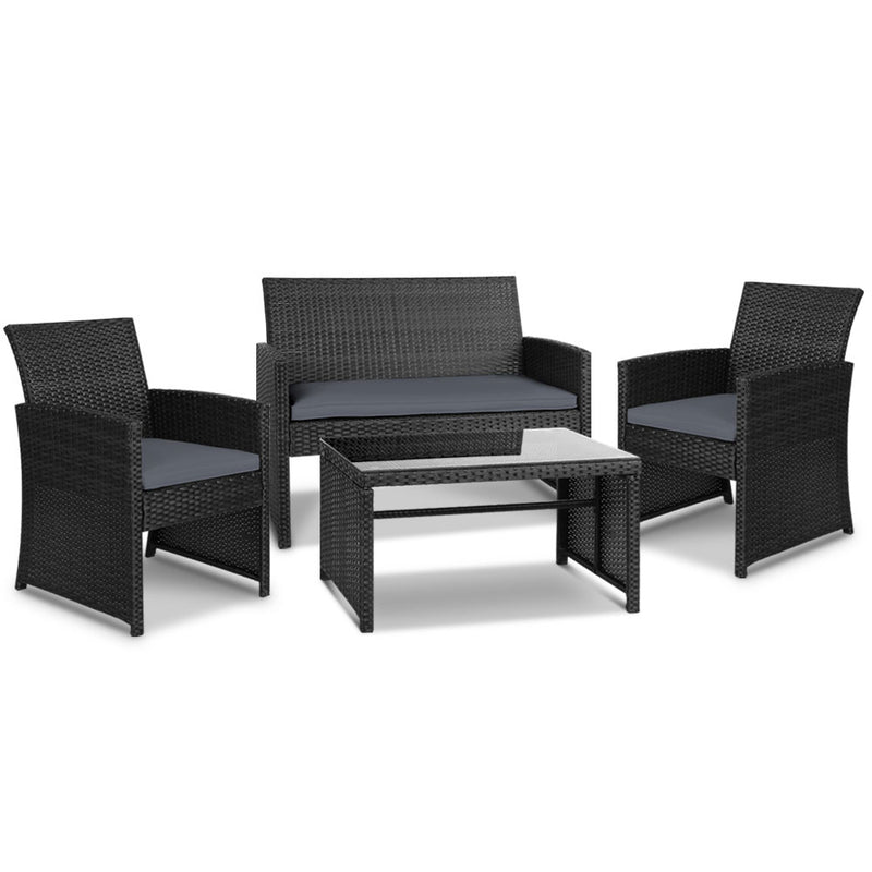 Gardeon Set of 4 Outdoor Rattan Chairs & Table - Black 