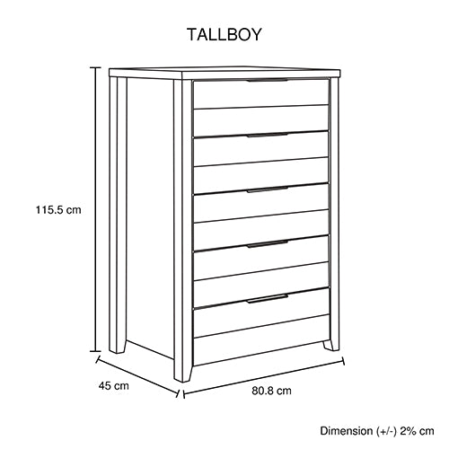 Cielo Tallboy White Bedroom Drawer Cabinet Ash