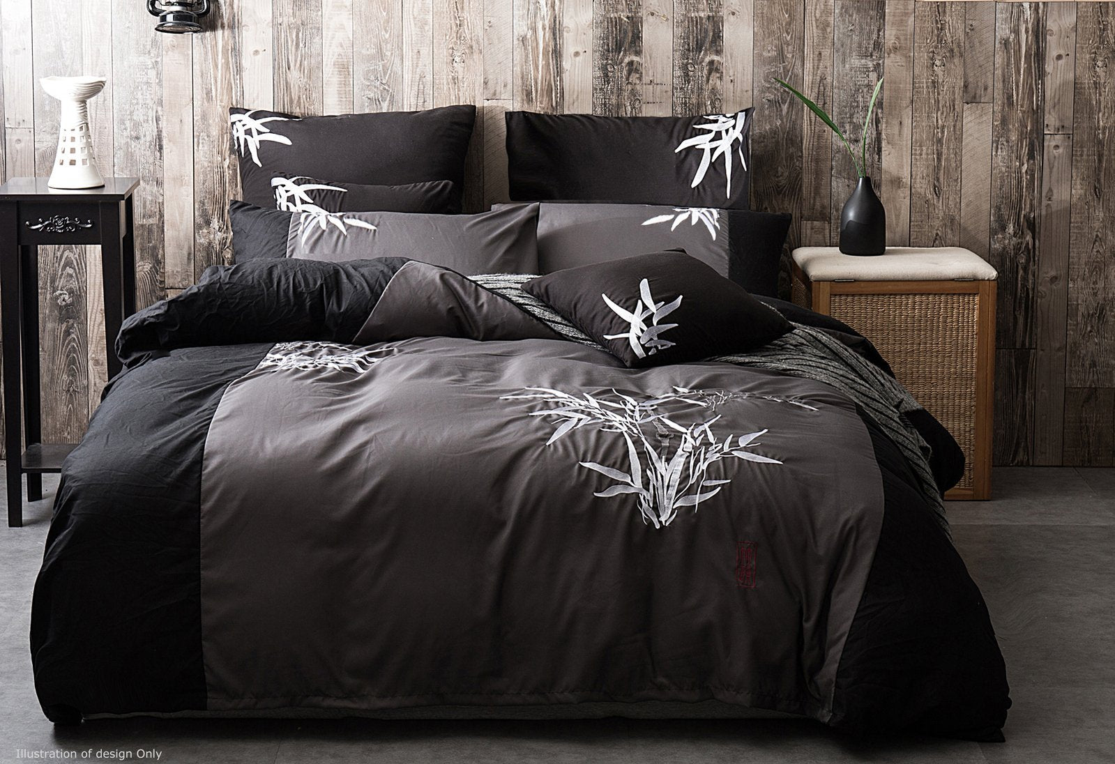 Super King Size Embroidered Bamboo Pattern Black Grey Quilt Cover Set (3PCS)