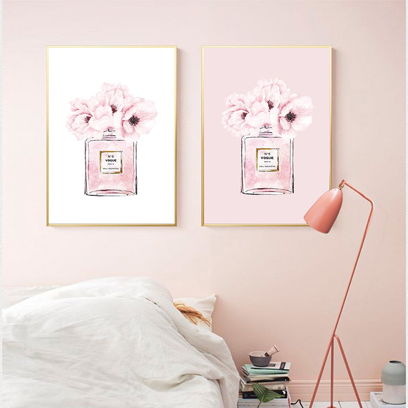 Perfume Fashion Canvas Art Prints and Poster Modern Watercolor Blush Pink Peonies Painting Wall Pictures Living Room Decor